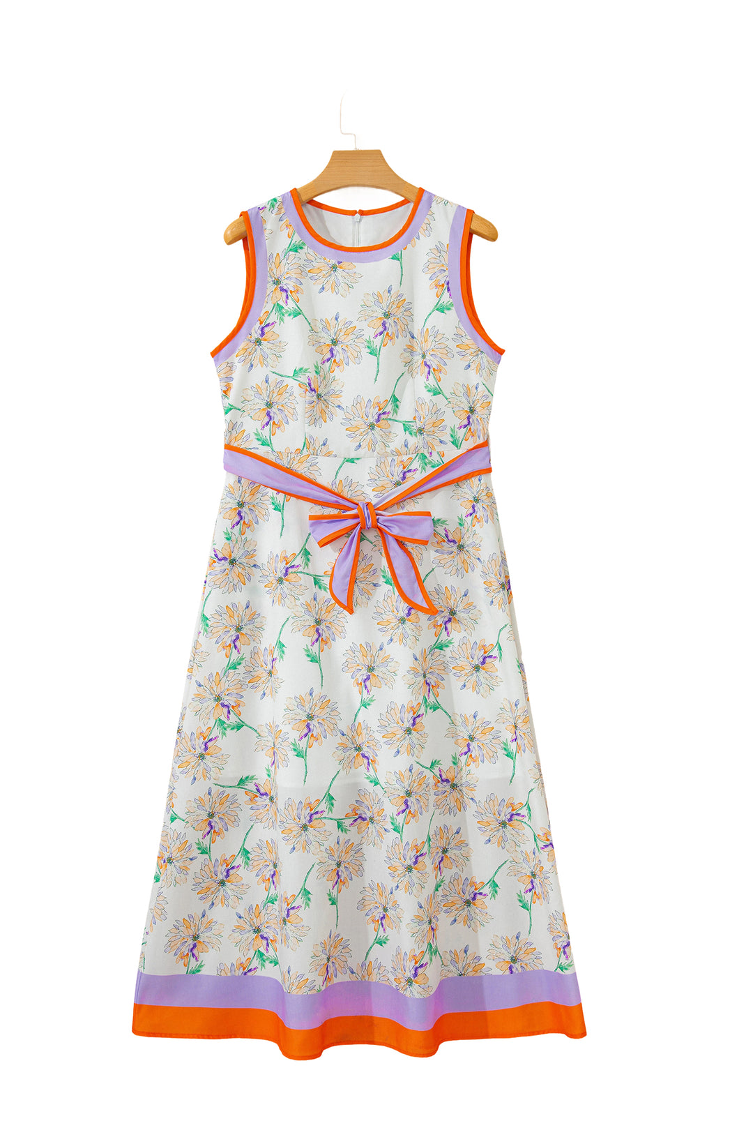 White Floral Print Color Block Trim Belted Sleeveless Maxi Dress