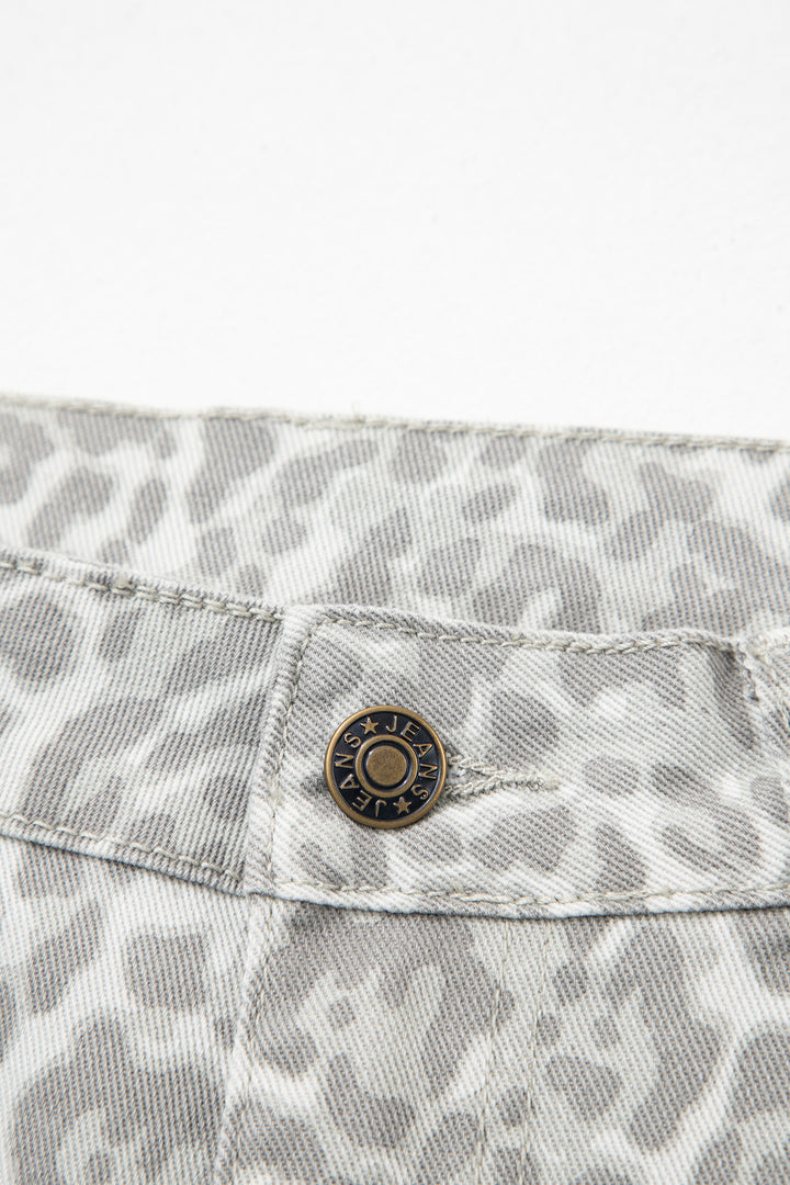 Gray Leopard Frayed Edge Wide Leg High Waist Jeans