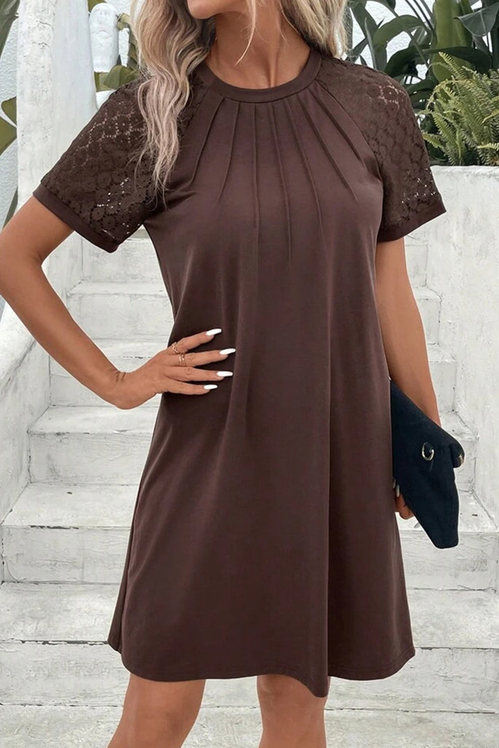 Dark Brown Contrast Lace Raglan Sleeve Pleated Detail Shift Dress