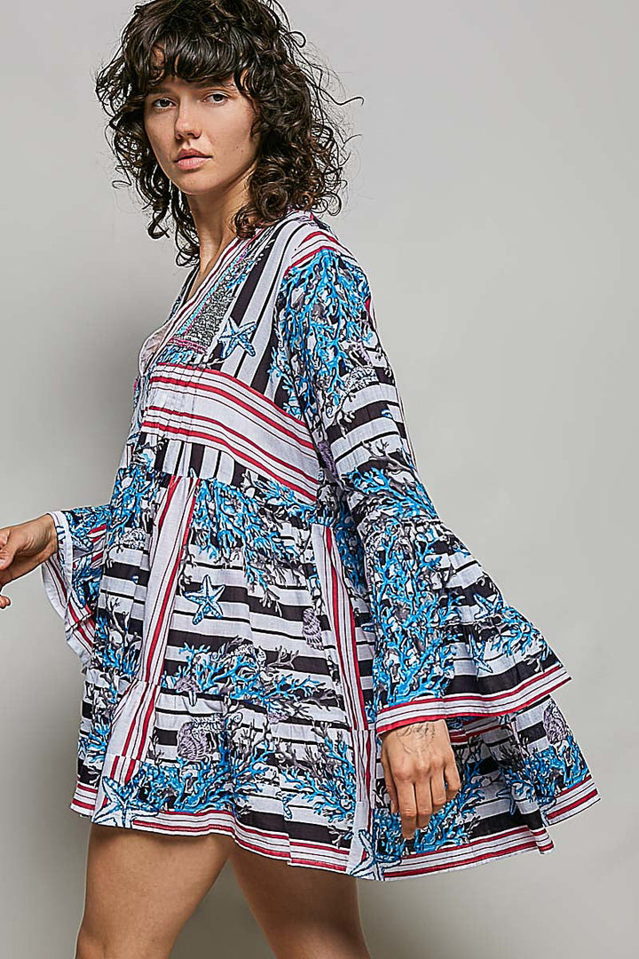 POL Striped Floral Long Sleeve Mini Dress with Pintuck Detail