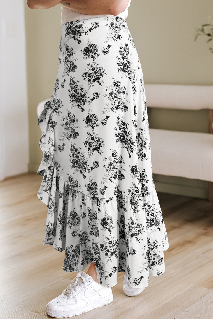 Jupe longue fendue à volants taille haute à fleurs style bohème noir
