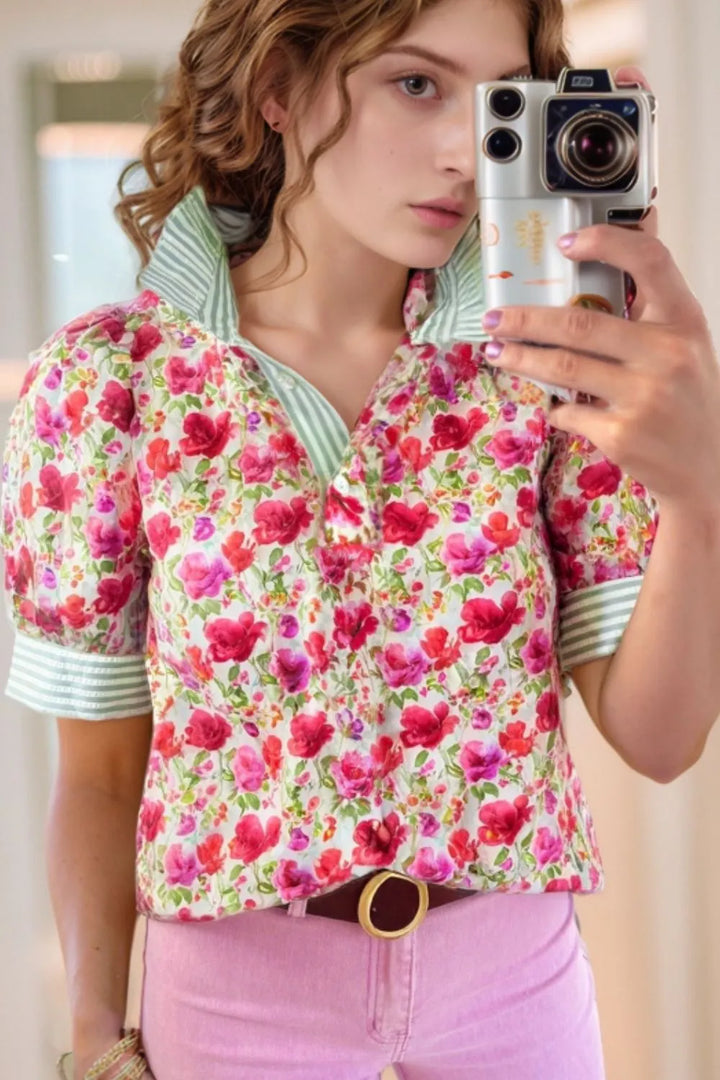 Printed Collared Neck Short Sleeve Blouse