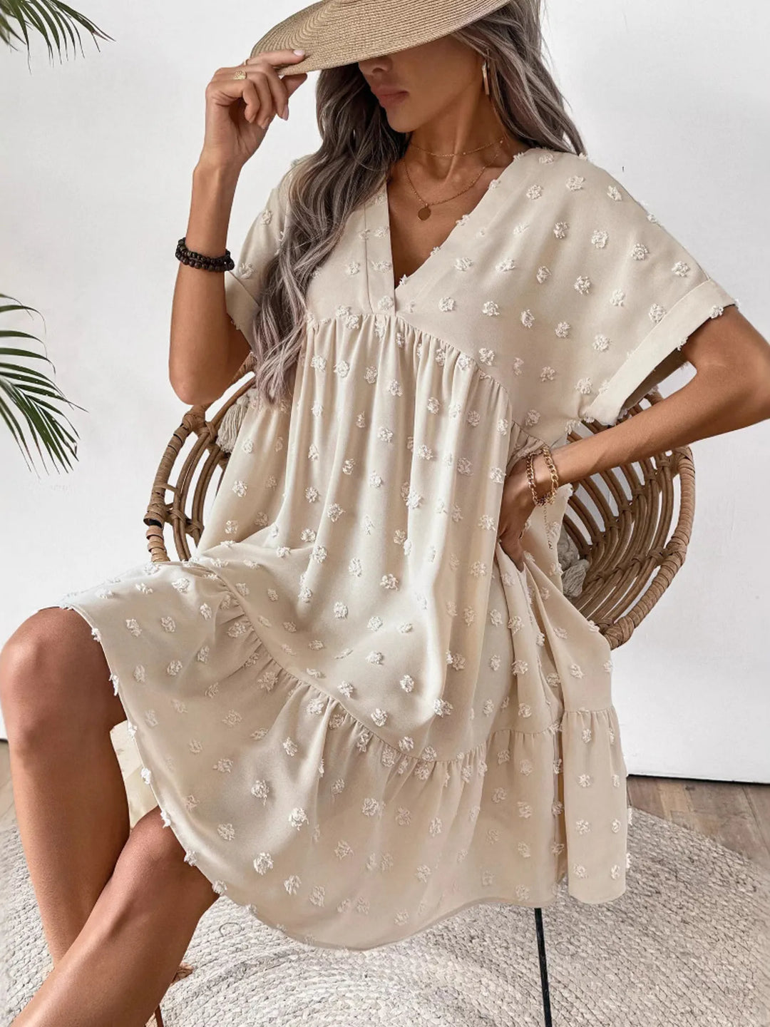 Ruffled Hem Swiss Dot Mini Dress