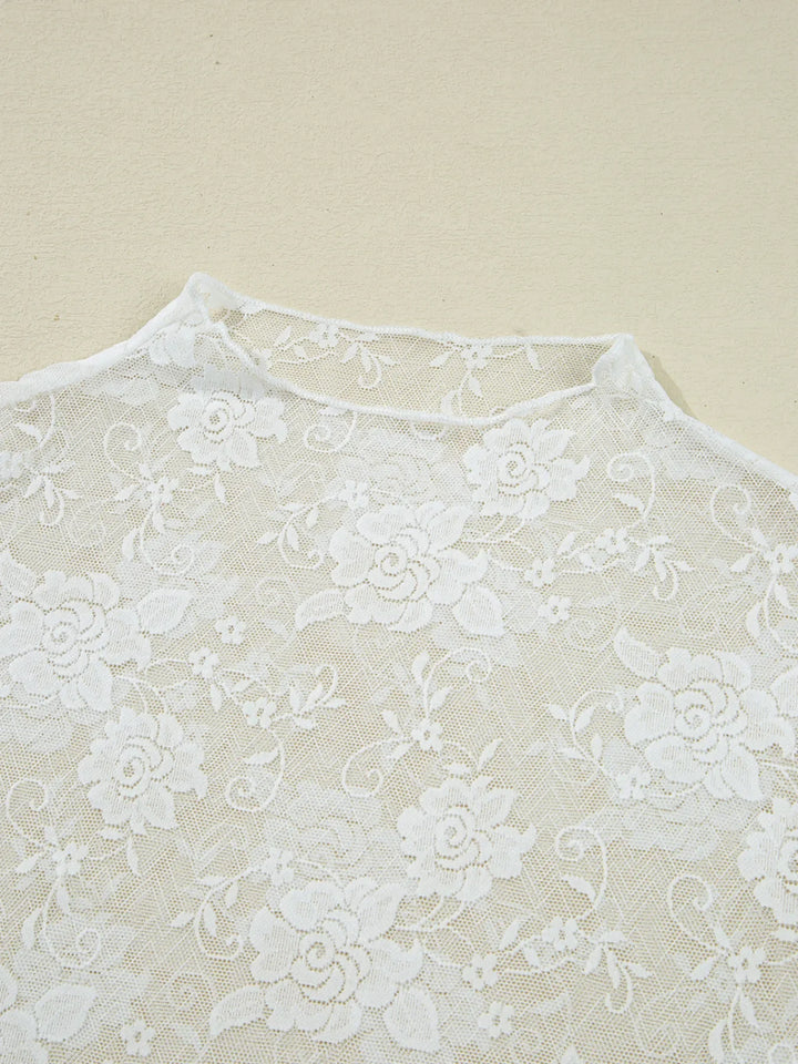 Sheer Floral Lace Mesh Mock Neck Long Sleeve Top