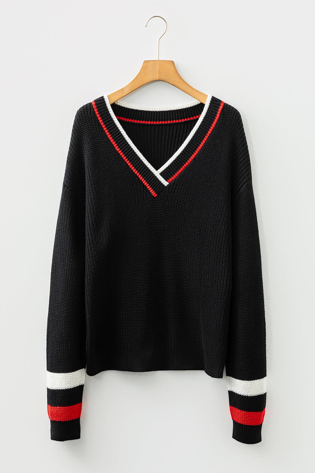 Black Contrast Striped Trim V Neck Drop Shoulder Sweater