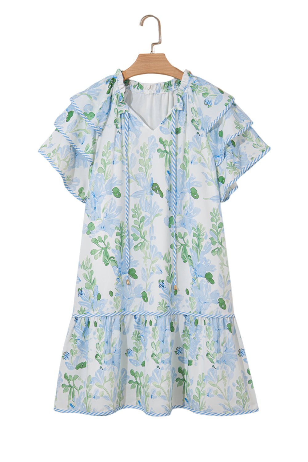 Mini-robe à manches courtes superposées et à bordures contrastées bleu ciel