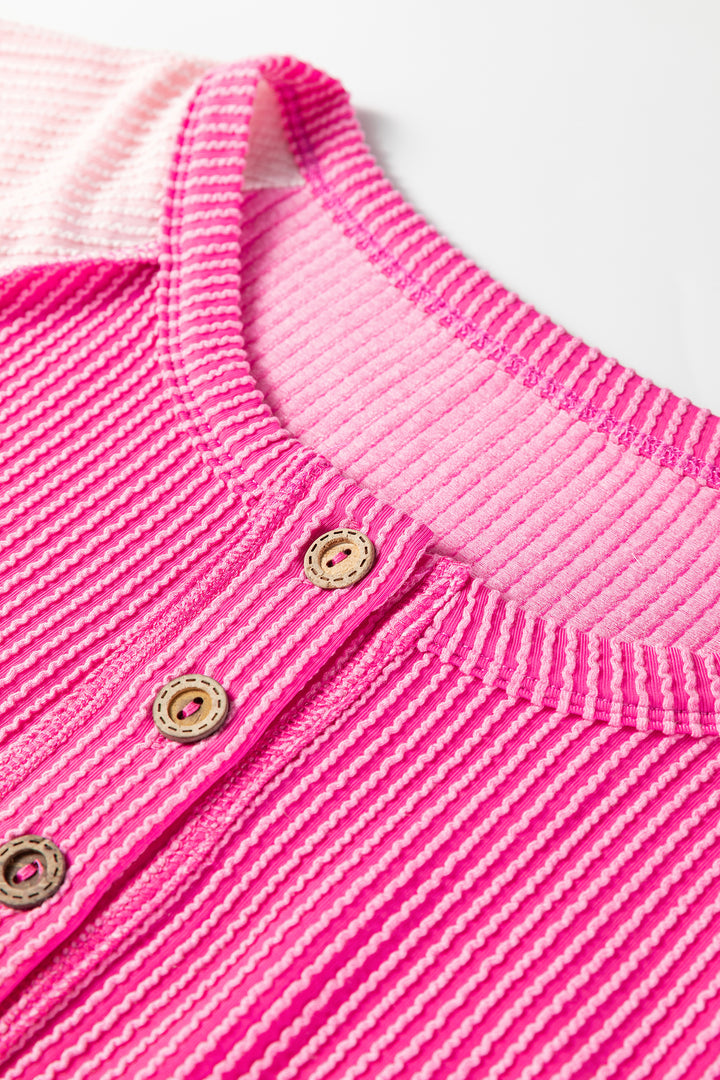 Bright Pink Twisted Ribbed Color Block Patchwork Henley Short Sleeve T Shirt