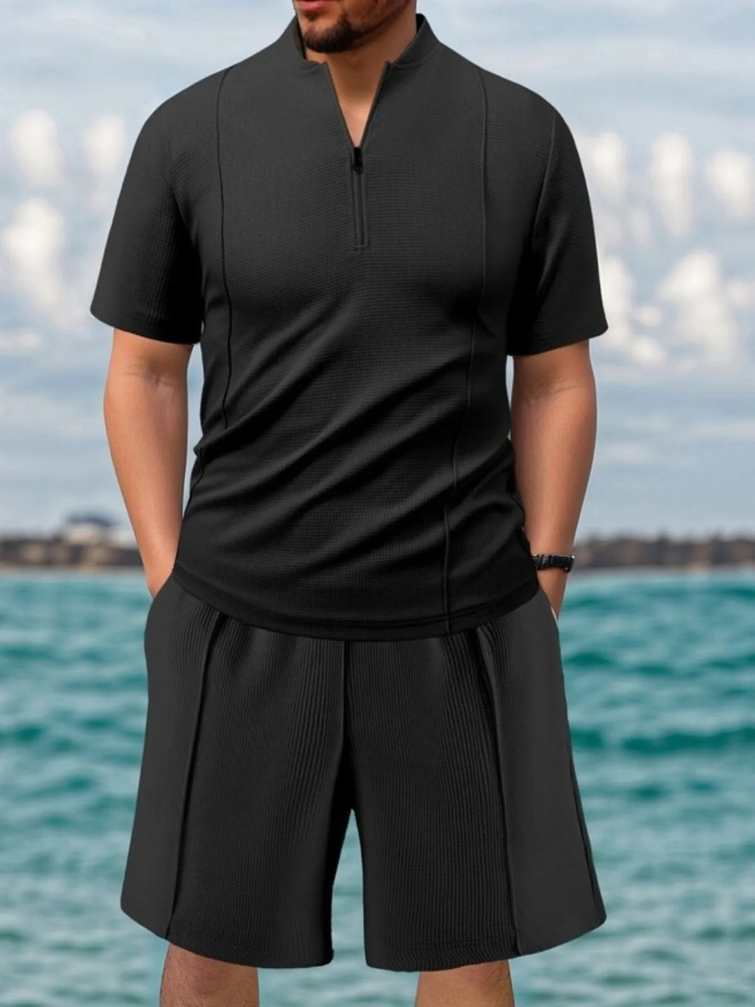Men's Full Size Zip Front Short Sleeve Top and Shorts Set Plus Size