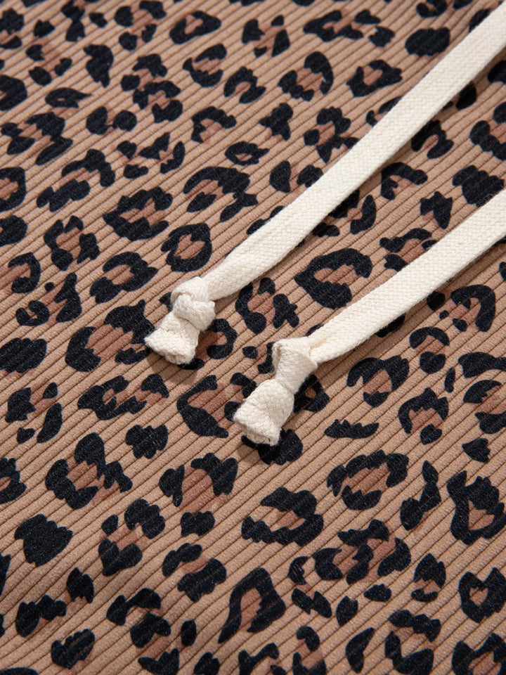 Ribbed Leopard Print Contrast Collar Zip Hoodie