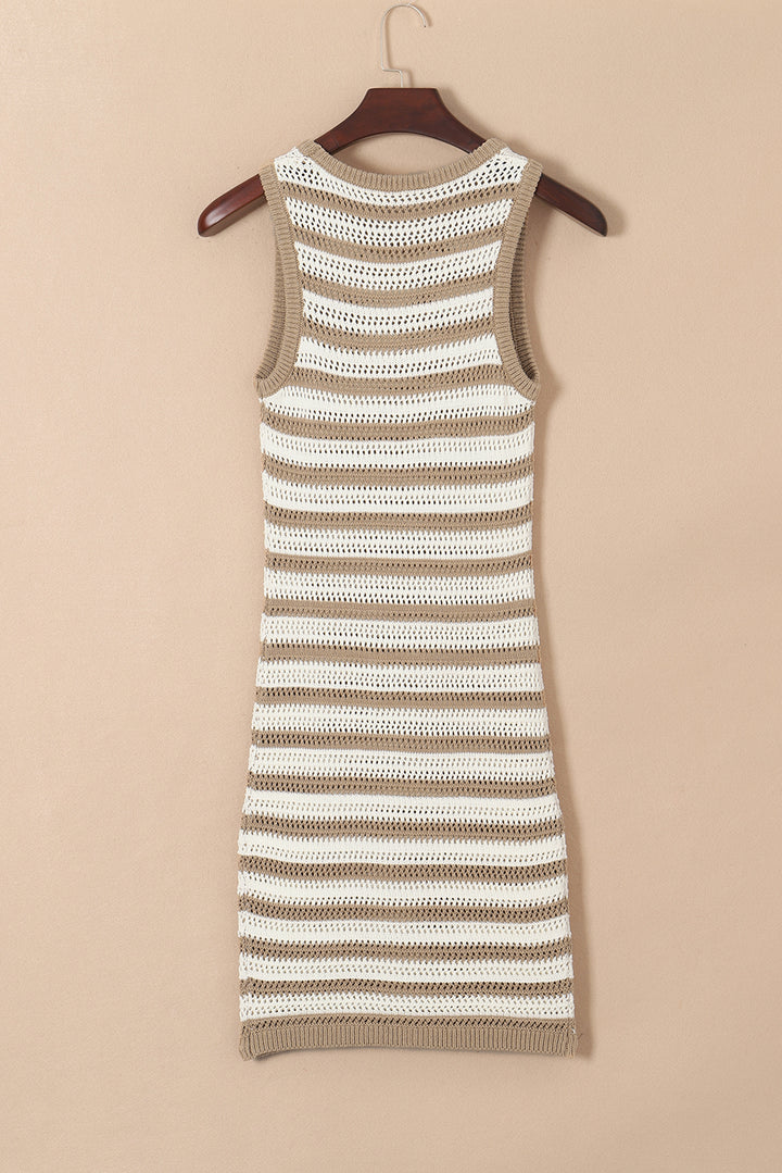 Khaki Stripe Hollowed Knit Sleeveless Sweater Dress