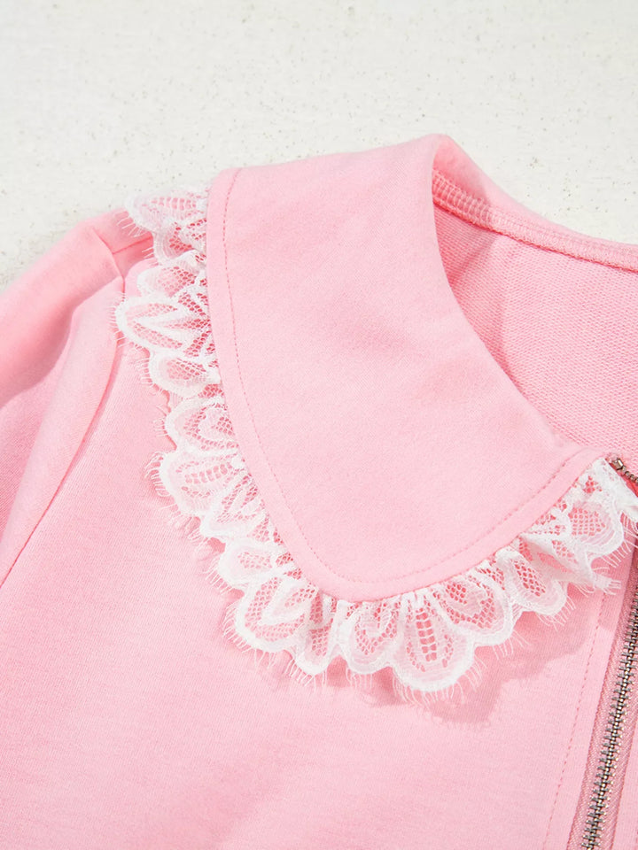 Peter Pan Lace Embellished Neck Sweatshirt and Skirt Two Piece Set