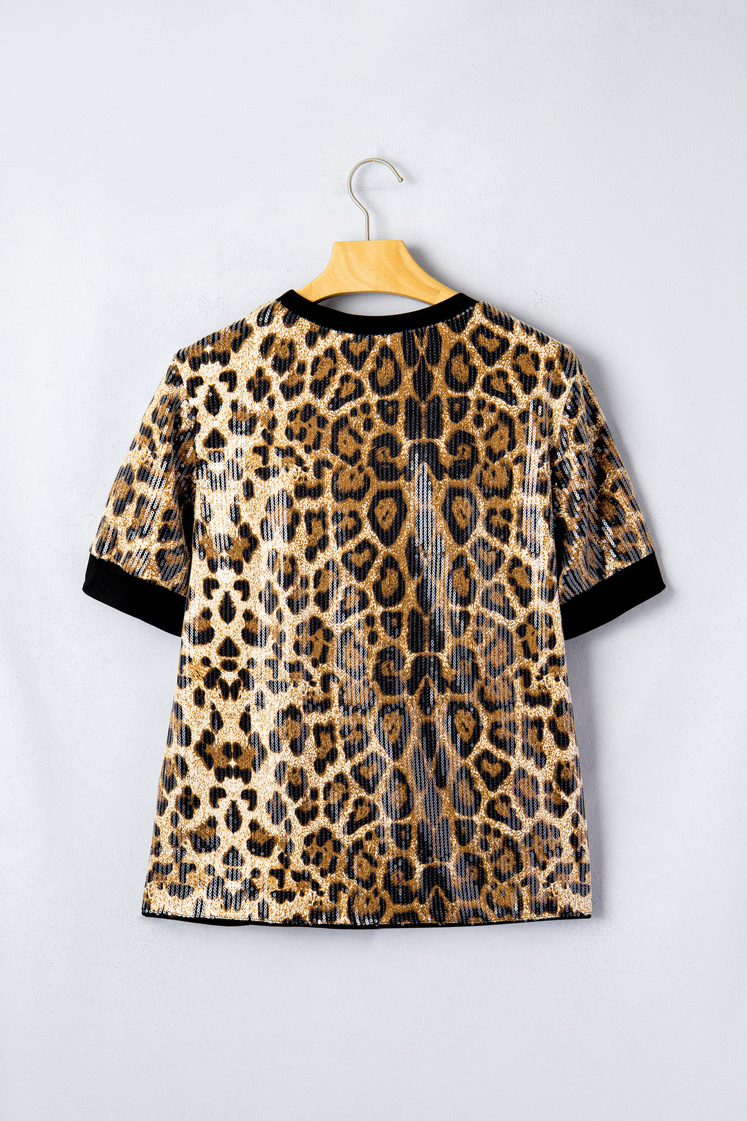 Brown Sequin Leopard Pattern Short Sleeve Top
