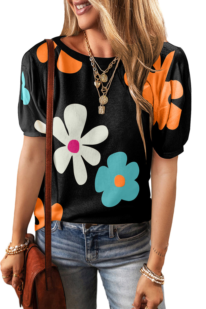 T-shirt à manches bouffantes et imprimé floral noir