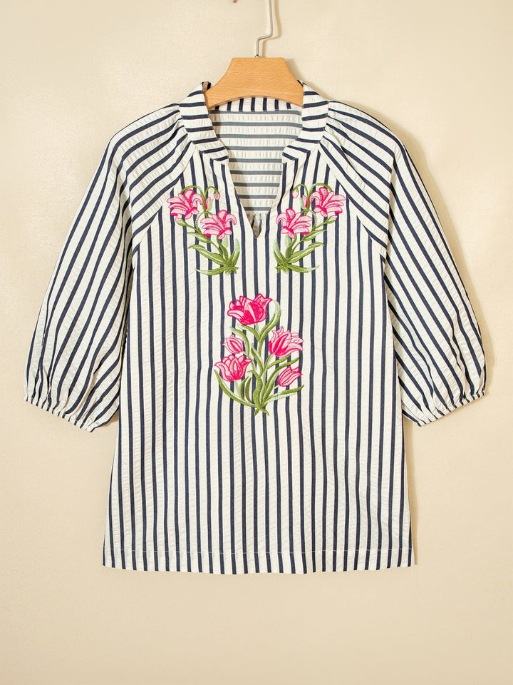 Stripe Floral Embroidered Detail V Neck Short Sleeve Blouse