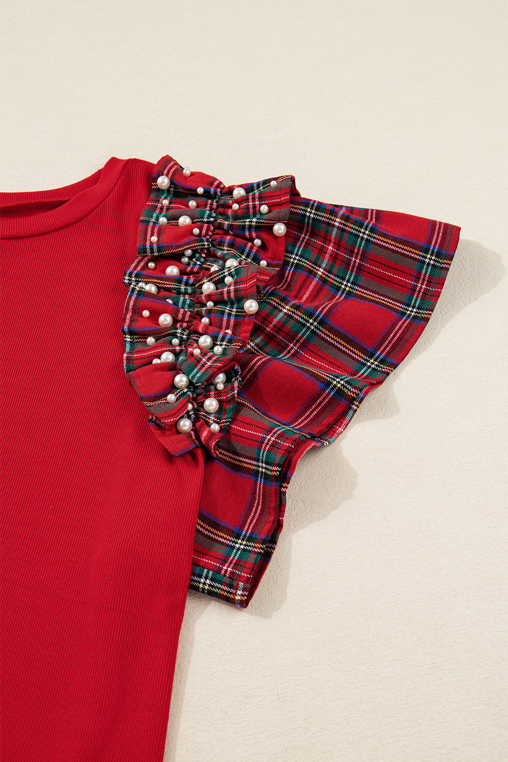 Racing Red Plaid Pearl Ruffled Short Sleeve Knitted Christmas Holiday Plus Size T-shirt
