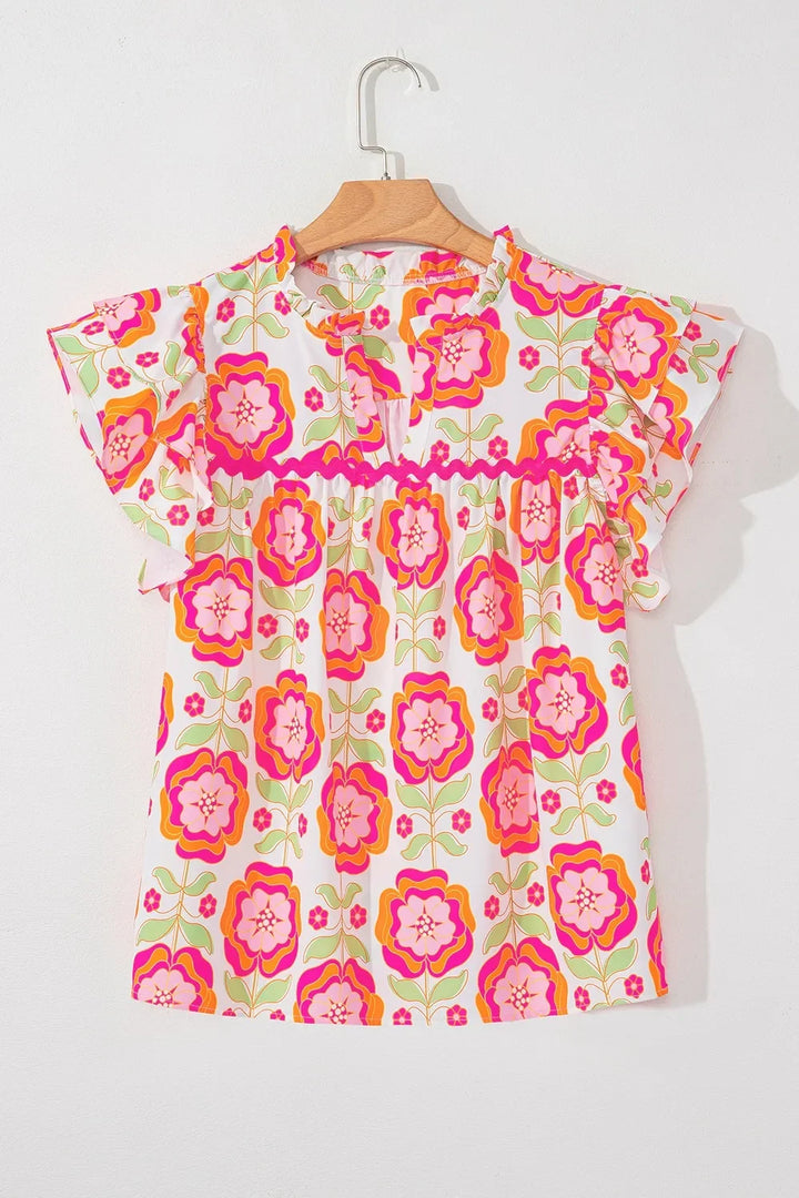 Floral Ruffled Sleeve Ric-Rac Trim Split Neck Loose Blouse