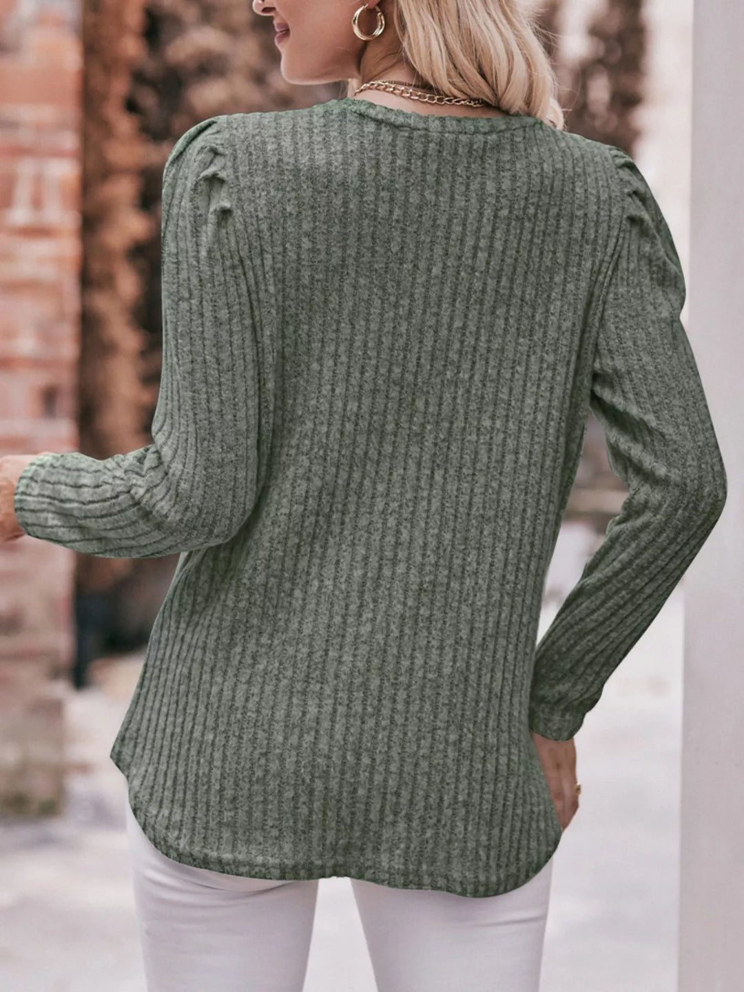 Ribbed Knit Puff Sleeve T-Shirt
