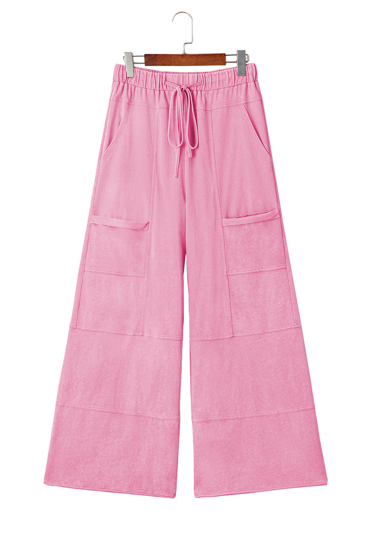 Bonbon Mineral Wash Exposed Seam Drawstring High Waist Wide Leg Cargo Pants