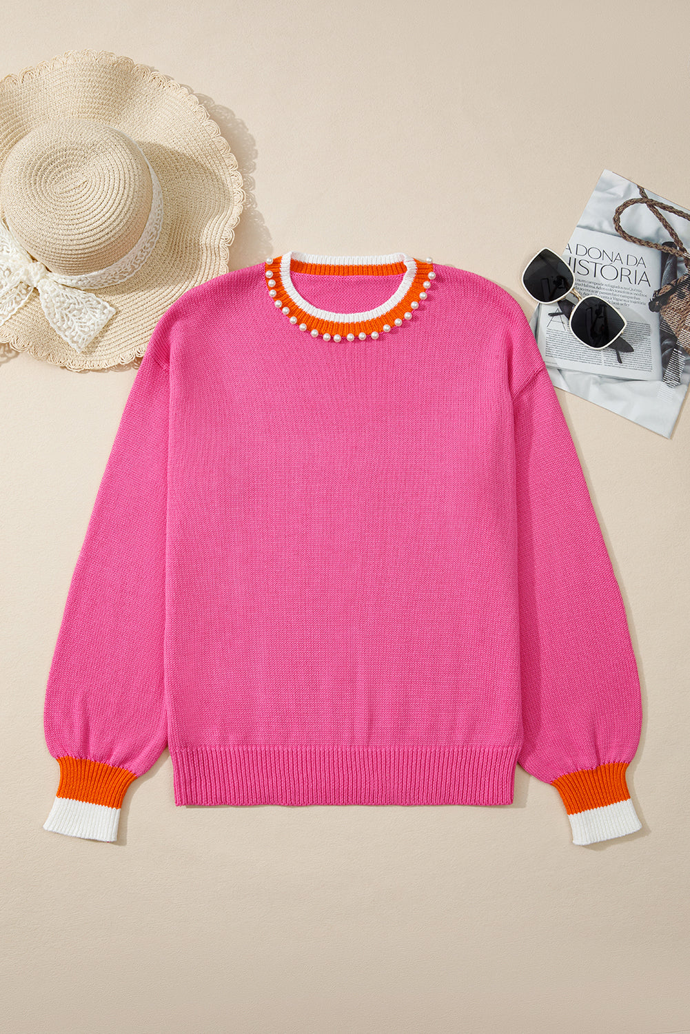 Sachet Pink Contrast Crew Neck Pearled Decor Drop Shoulder Knit Sweater