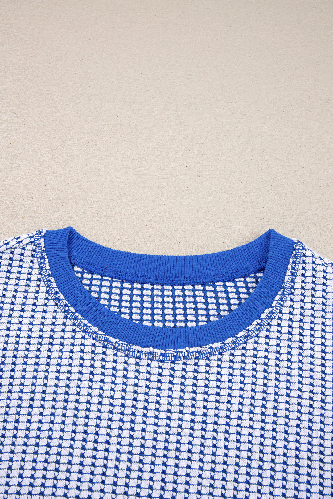 Dark Blue Waffle Knit Exposed Stitching Casual Top with Side Slits