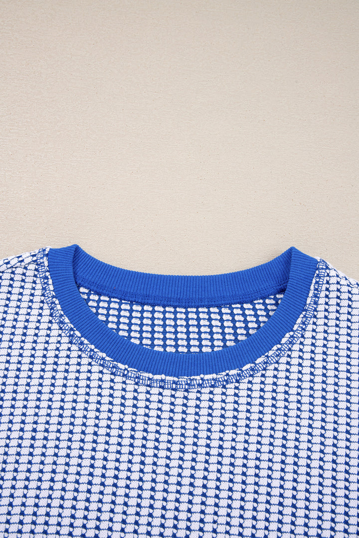 Dark Blue Waffle Knit Exposed Stitching Casual Top with Side Slits