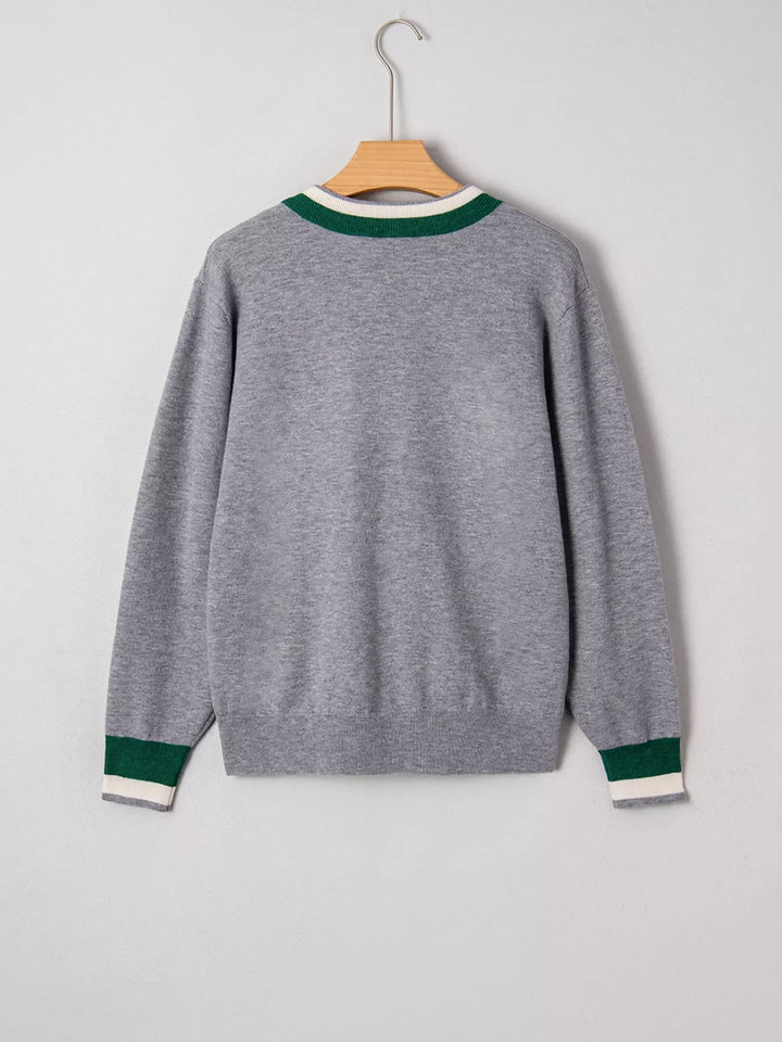 Contrast Striped Trim V Neck Varsity Sweater