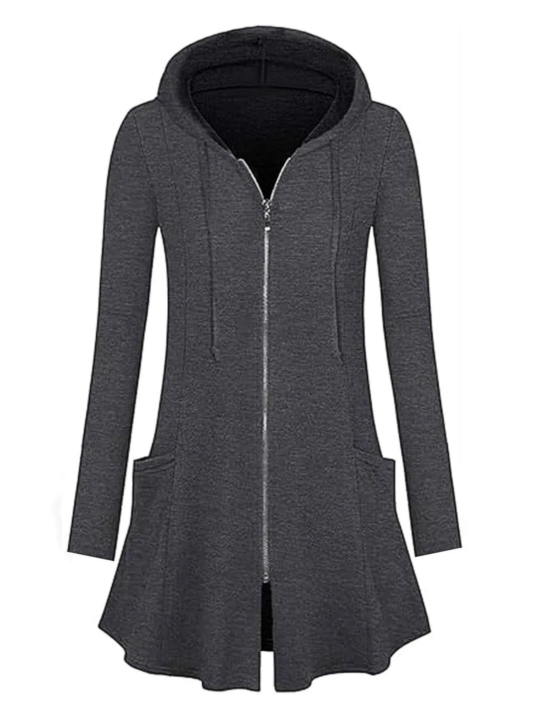 Longline Hooded Zip-Up Cardigan Coat with Flared Hem