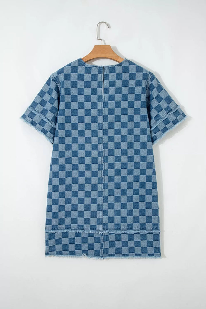 Frayed Hem Checkered Denim Mini Dress