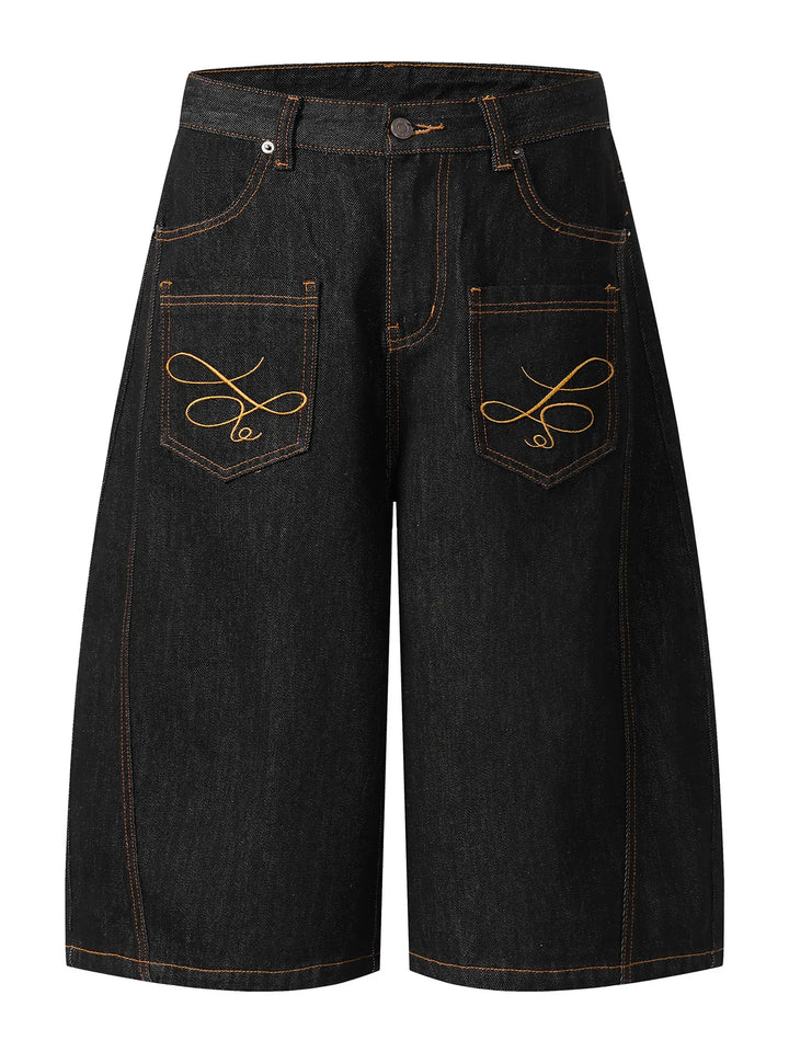 Men's Wide Leg Denim Shorts with Embroidered Pocket Detail