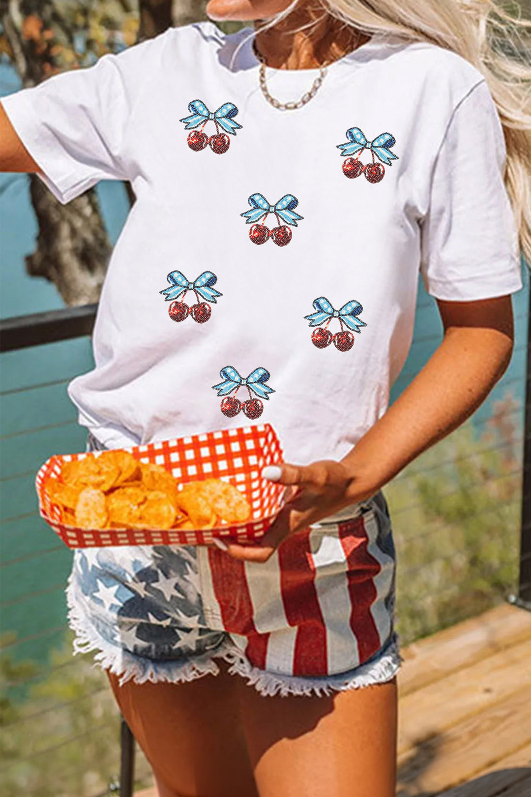 White Coquette Patriotic Cherries Sequin Graphic Tee