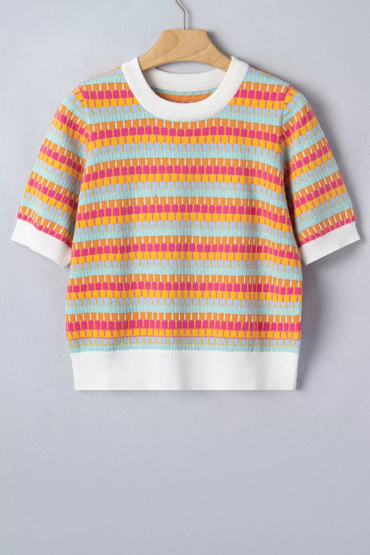 Abstract Striped Knit Short Sleeve Sweater