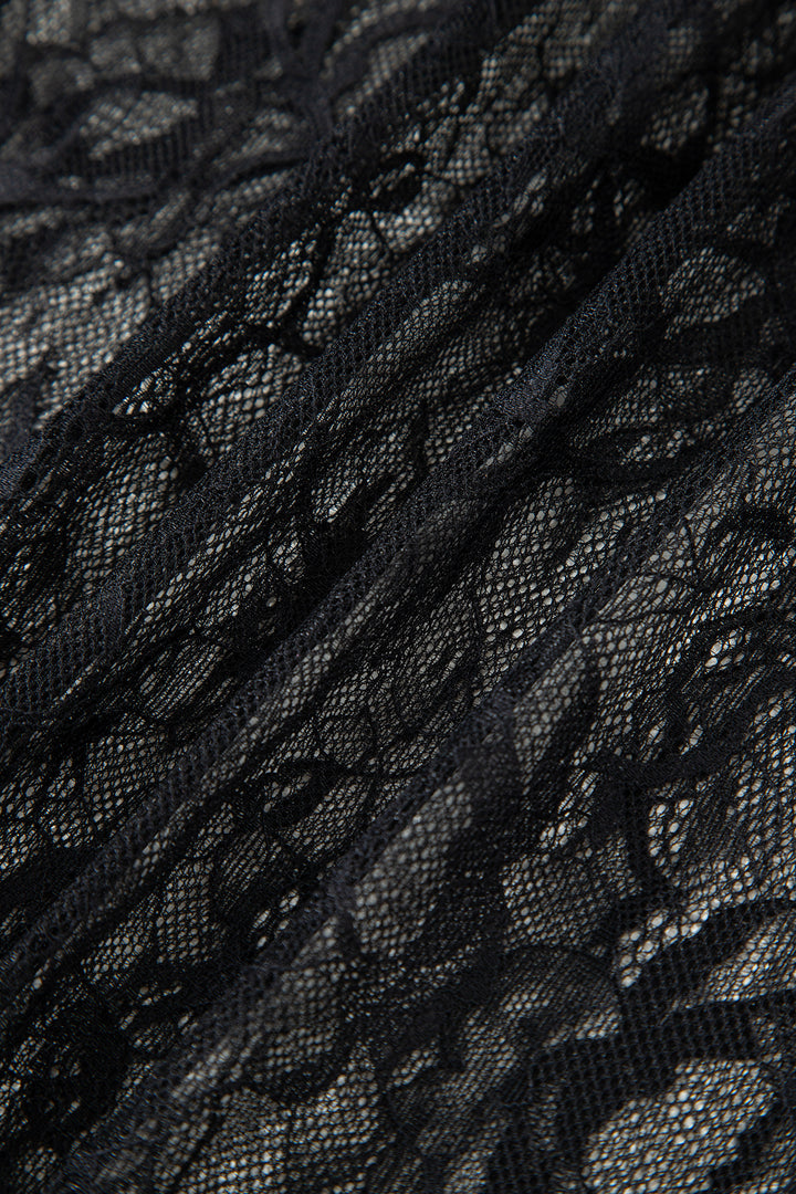 Black Solid Color Sleeveless Sheer Floral Lace Patchwork Long Dress