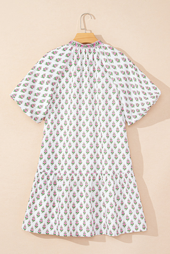 Pink Floral Print Bubble Sleeve Neck Tie Ruffled Dress