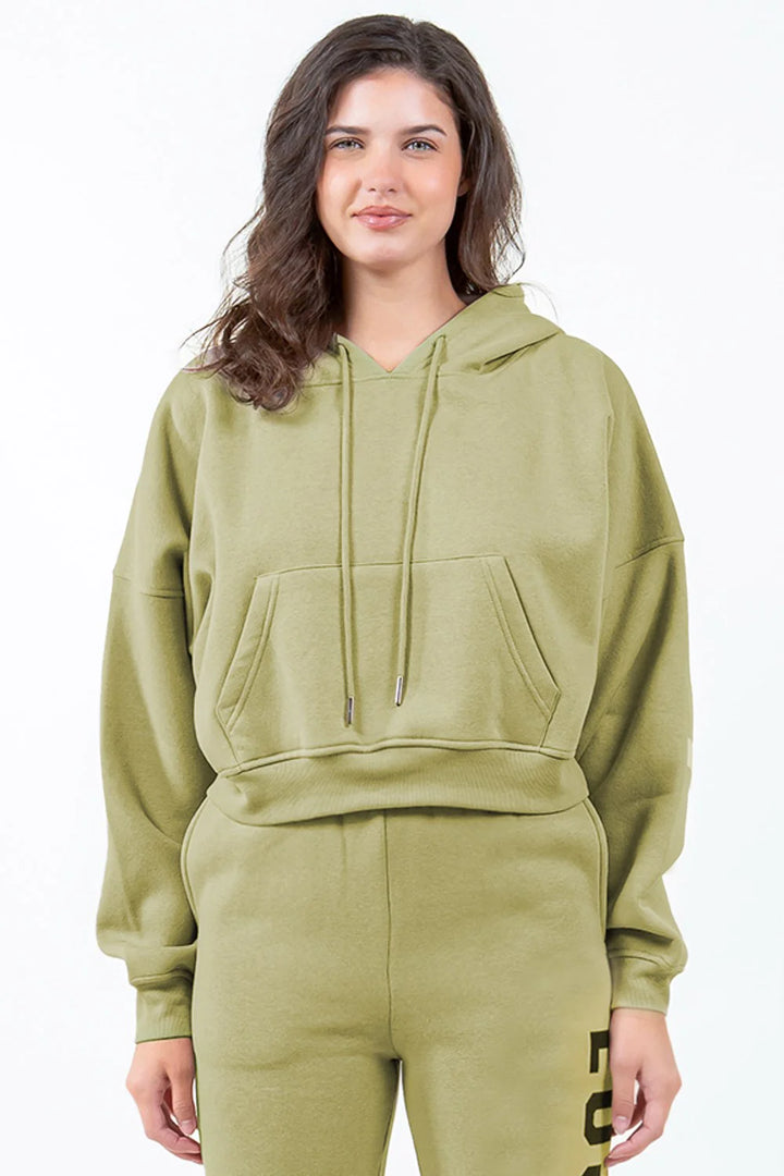 American Bazi Letter Graphic Long Sleeve Drawstring Cropped Hoodie