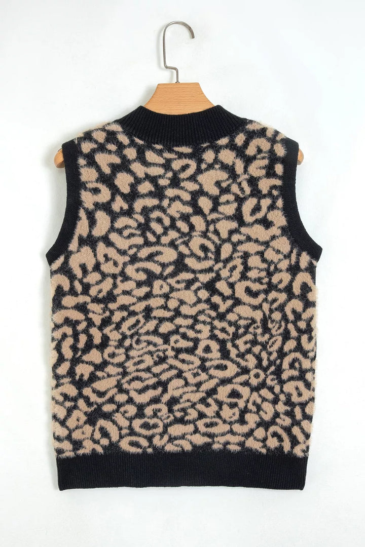 Leopard Print Knit Sleeveless Regular Wash Sweater Vest