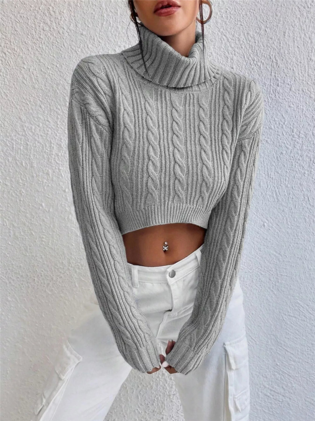 Cable-Knit Turtleneck Long Sleeve Sweater