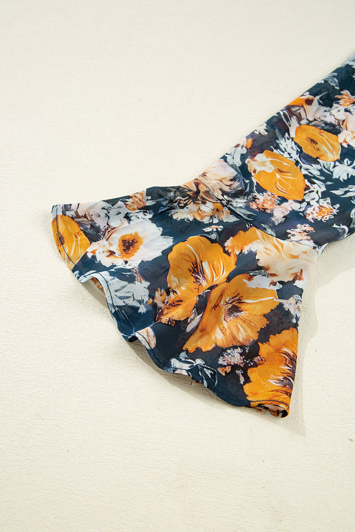 Blue Floral Off Shoulder Bell Sleeve Smocked Peplum Top