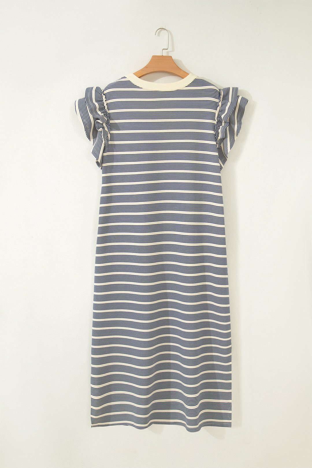 Blue Stripe Plus Size Contrast Trim Button V Neck Ruffle Sleeve Shift Dress