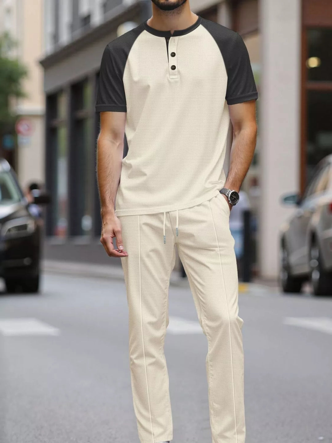 Men's Full Size Casual Two-Tone Raglan Sleeve Tee and Pants Set Plus Size