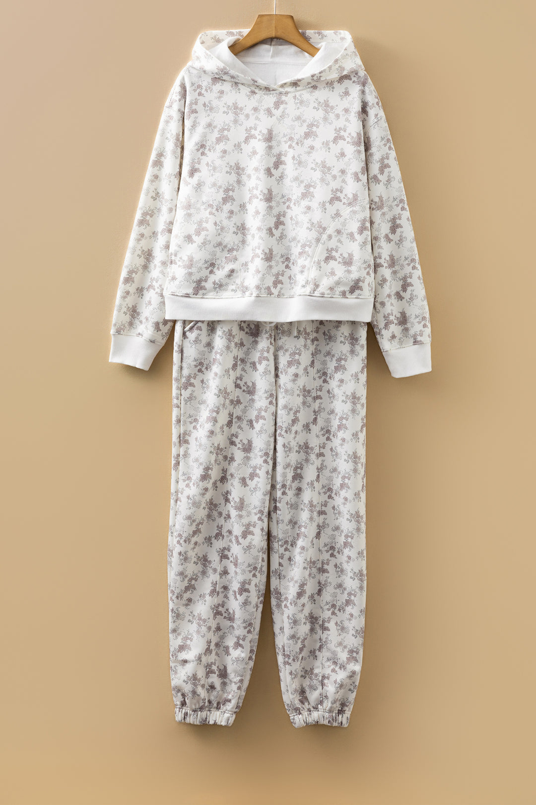 White Floral Print Casual Hoodie Drawstring Jogger Pant Set