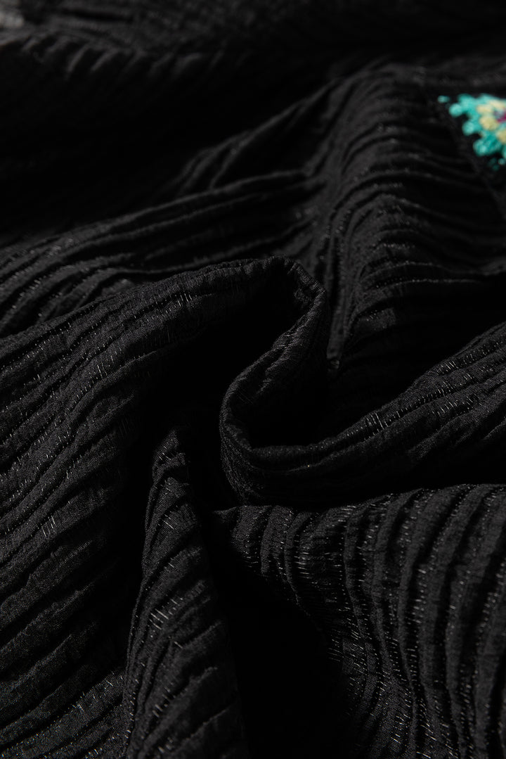 Haut fluide noir à col carré et manches courtes à volants, motif floral au crochet, grande taille