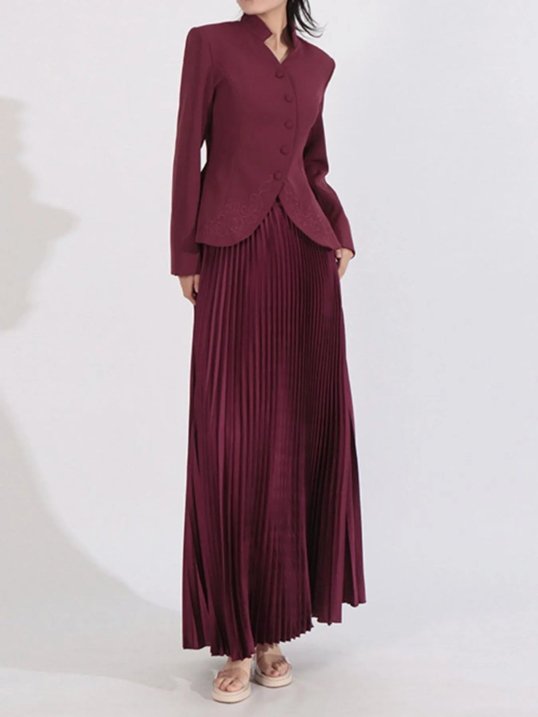 Button Up Long Sleeve Top and Pleated Skirt Set