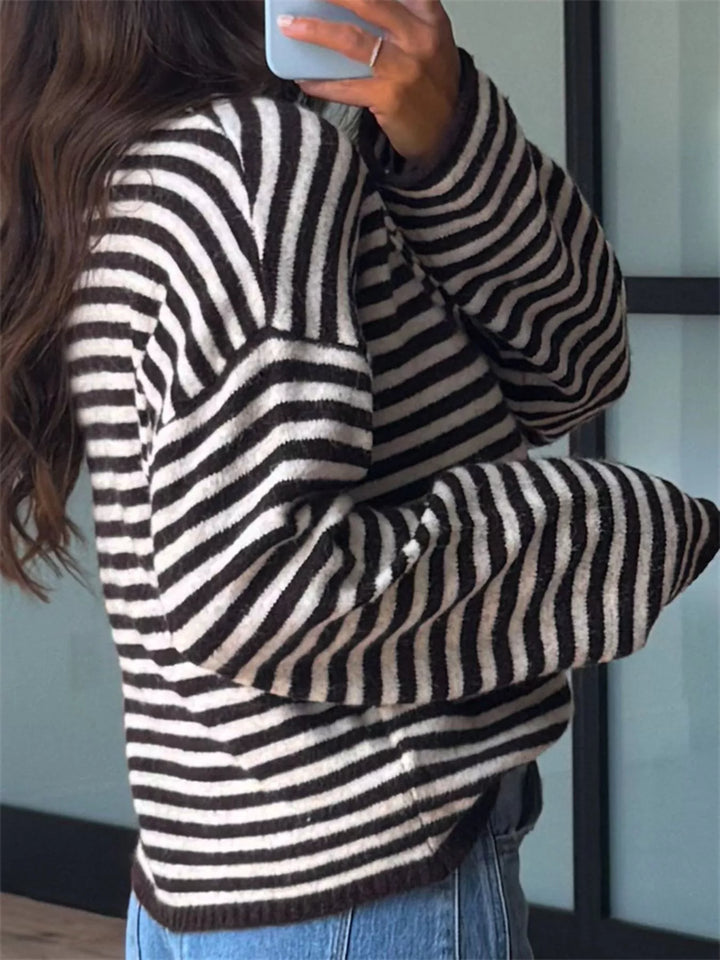 Button Detail Dropped Shoulder Striped Sweater