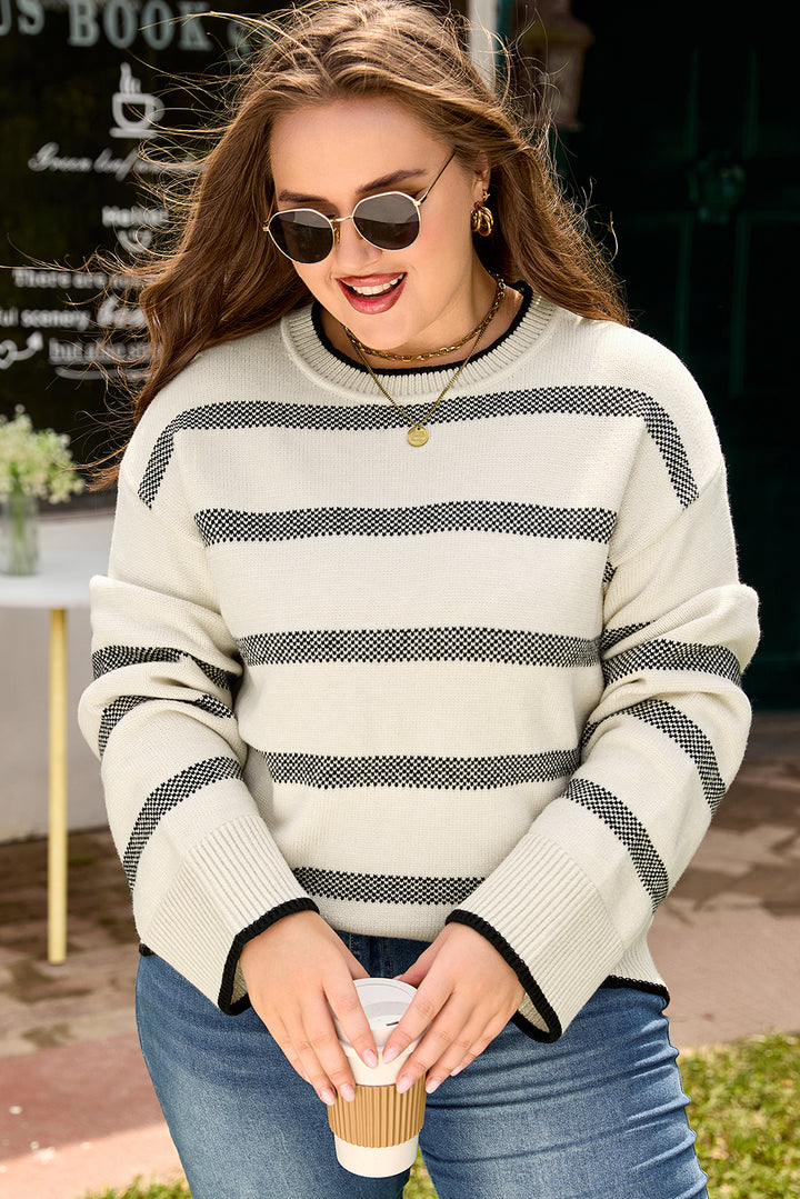 Apricot Stripe Wide Sleeve Drop Shoulder Crew Neck Plus Sweater