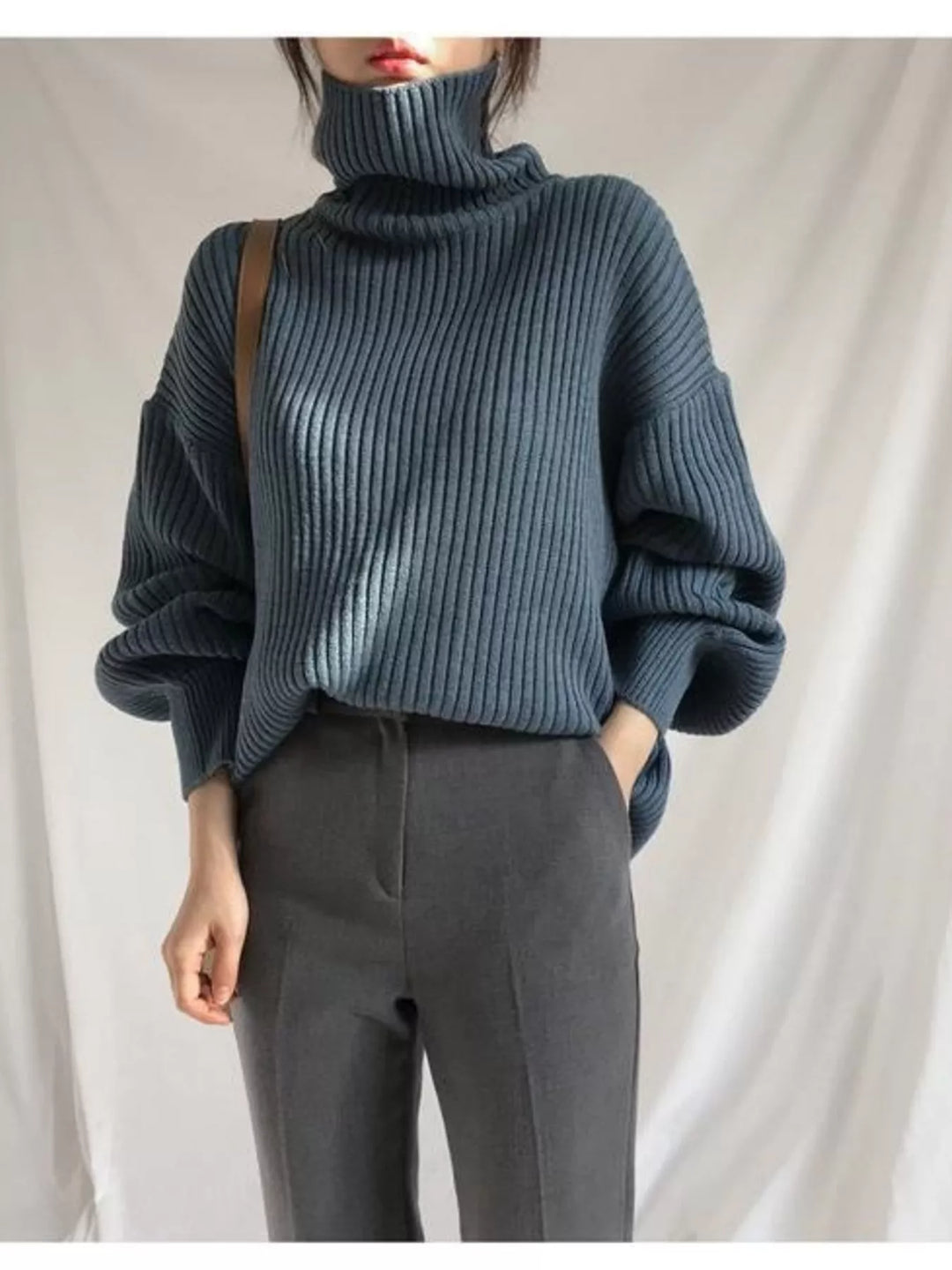 Oversized Turtleneck Ribbed Knit Sweater