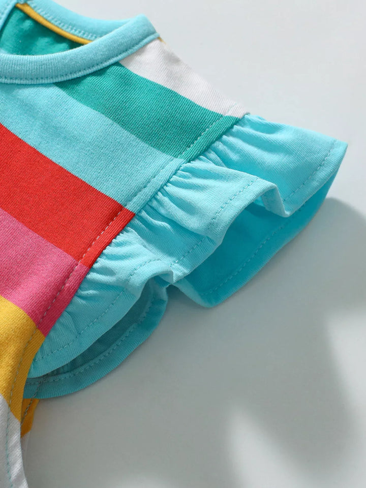 Children's Colorful Striped Ruffle Sleeve Dress