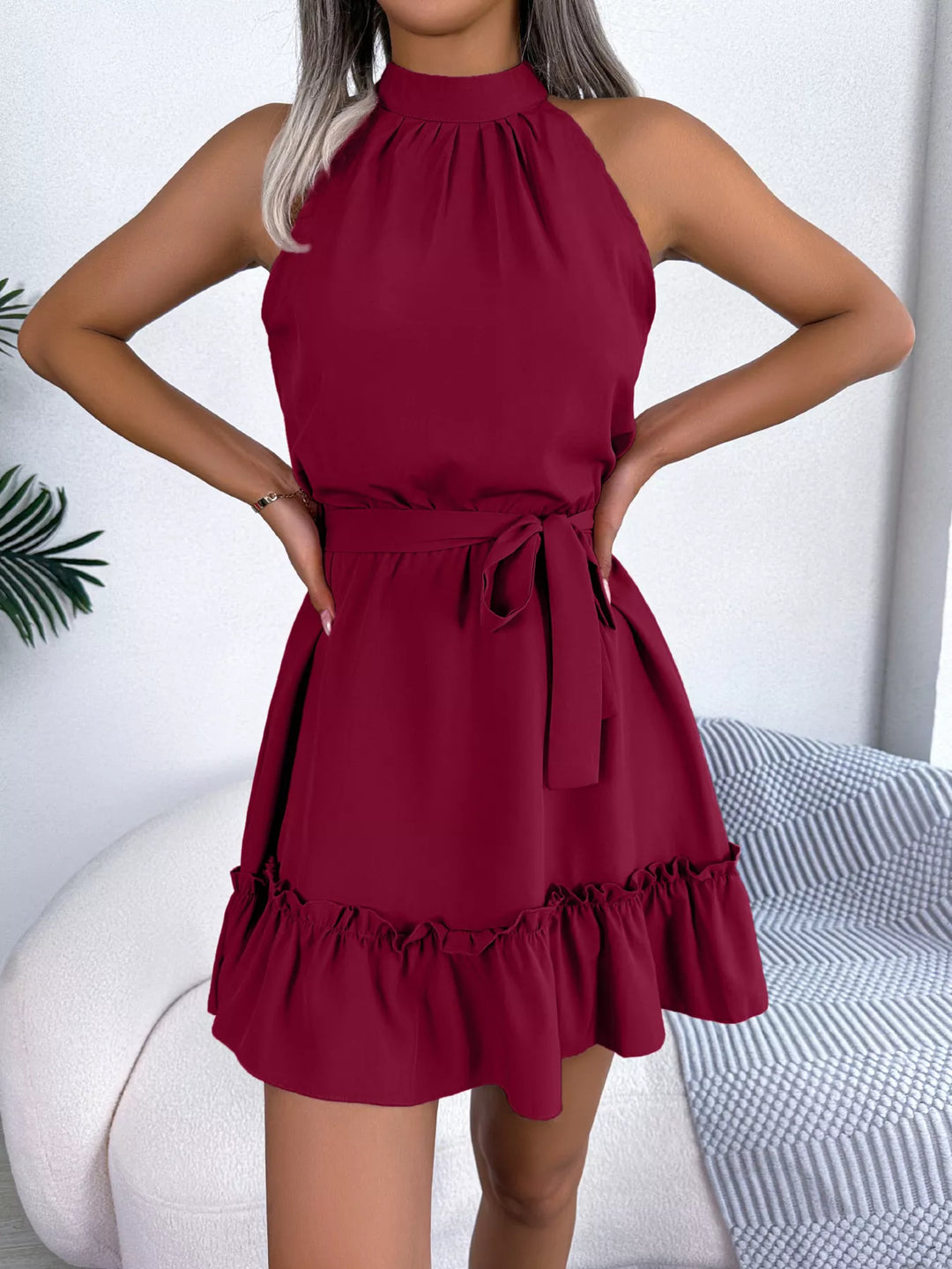 Halter Neck Ruffle Hem A-Line Dress