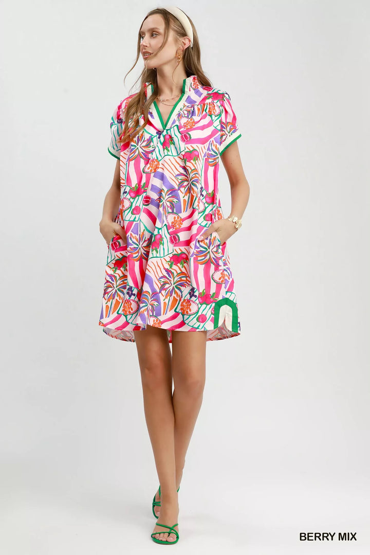 Umgee Tropical Print Collared Shift Dress