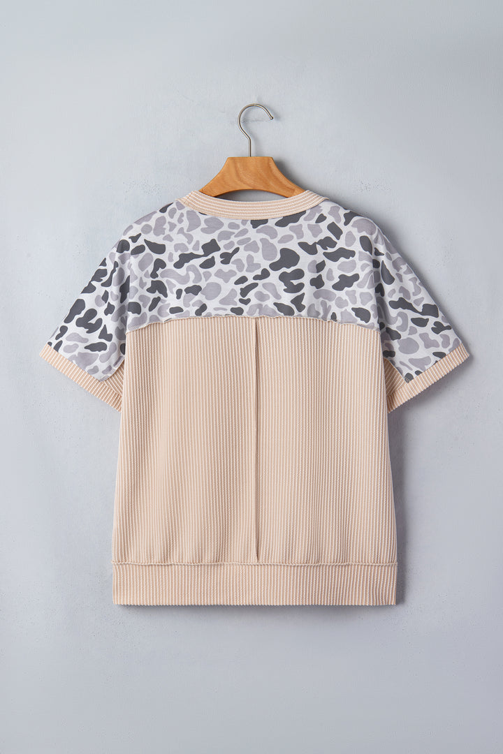 Gray Camouflage Print Twisted Ribbed Patchwork Casual T Shirt