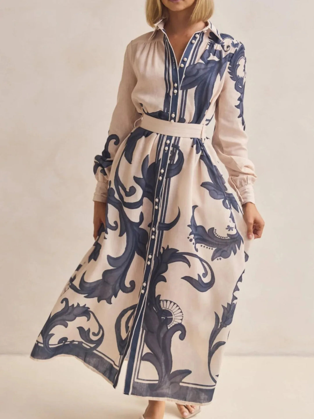 Printed Button Down Belted Shirt Dress